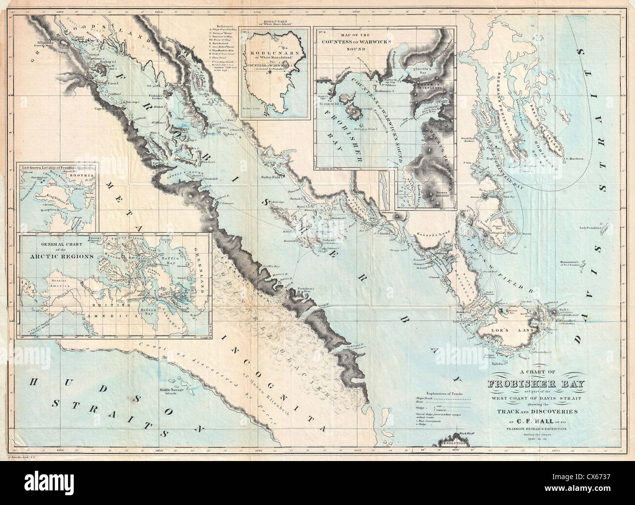 Die Hall Map of Frobisher Bay von 1865 in Baffin Island, Kanada, ist ein historisches Dokument, das für die Erforschung der Arktis wichtig ist. Es bietet eine detaillierte Darstellung der Bucht und der umliegenden Region, was zum Verständnis der arktischen Landschaft im 19. Jahrhundert beiträgt. Stockfoto