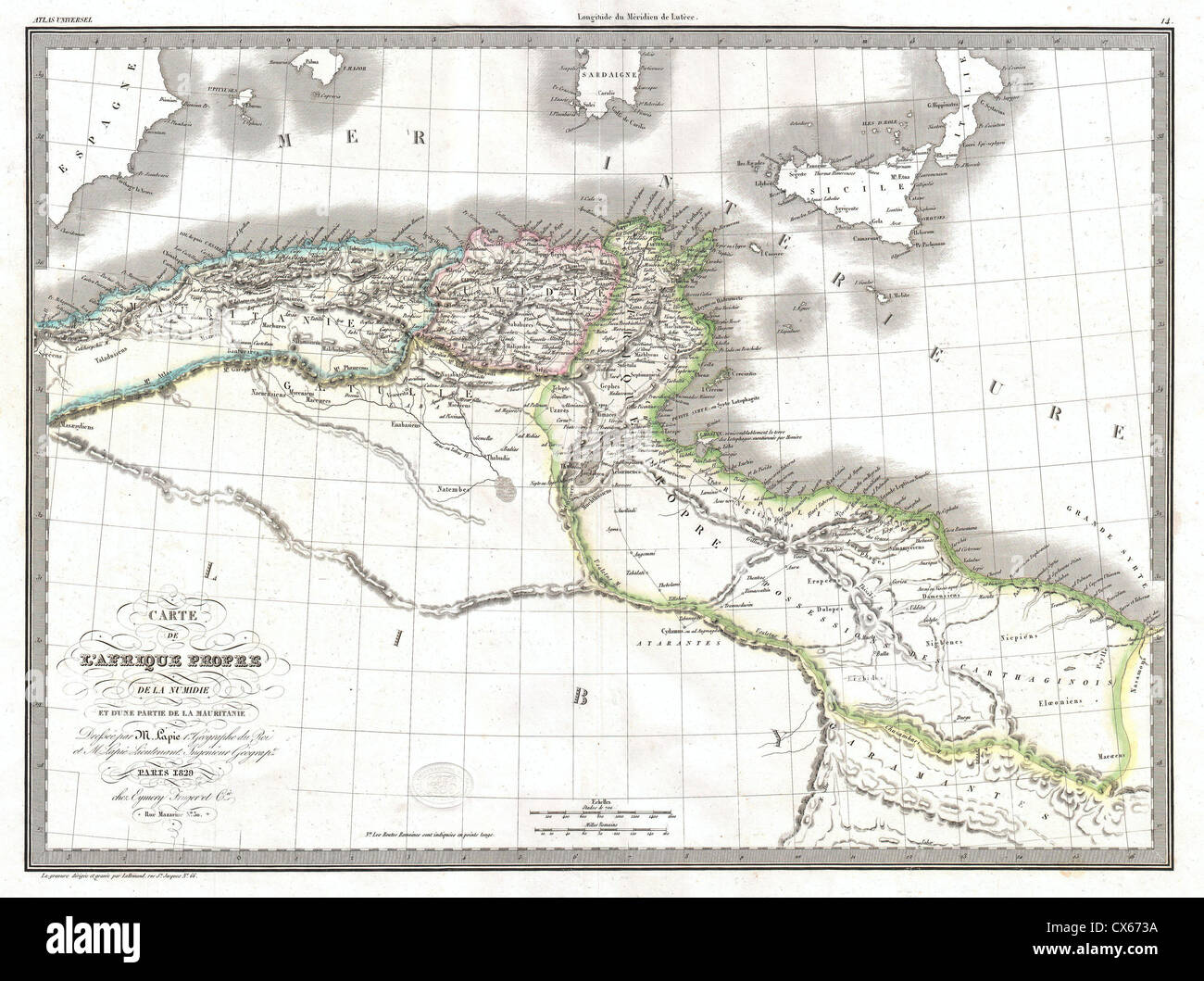 1829 Lapie historische Karte des Reiches von Karthago (moderne Tunesien) Stockfoto