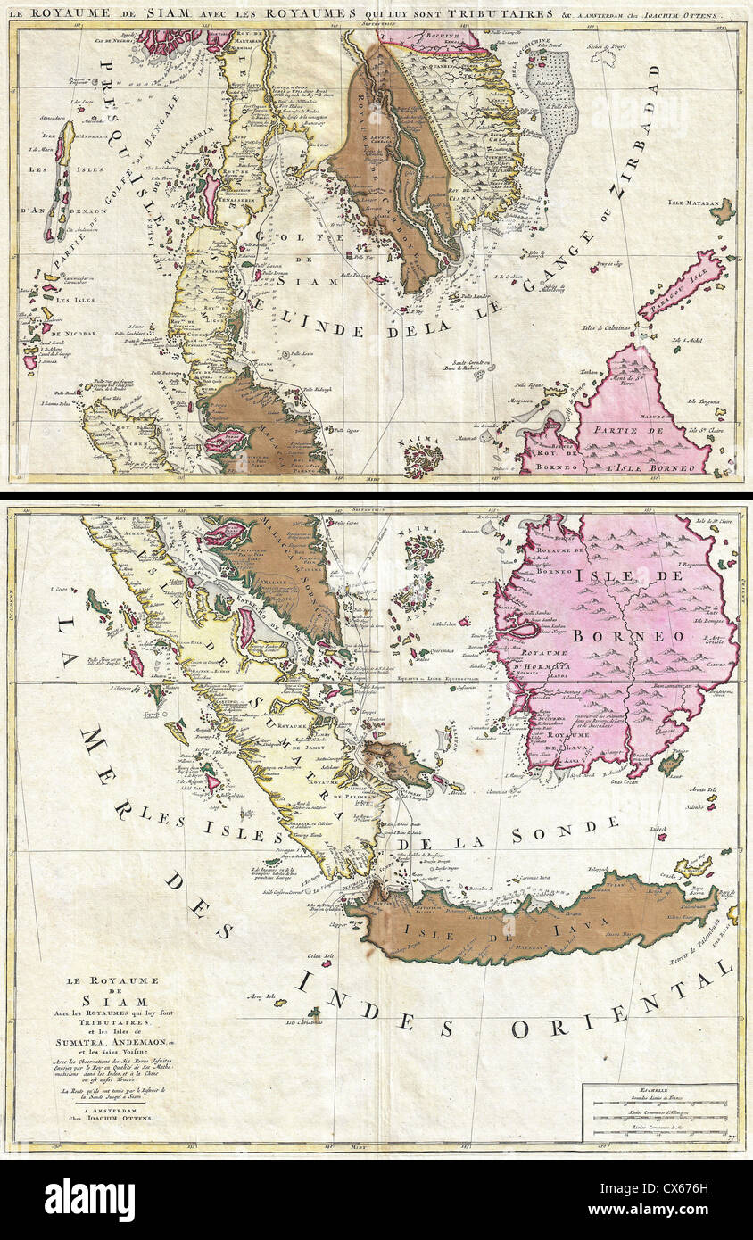 Die Ottens-Karte 1710 zeigt Südostasien mit Regionen wie Singapur, Thailand (Siam), Malaysia, Sumatra und Borneo. Diese antike Karte ist eine historische Darstellung des geographischen Verständnisses der Region während des frühen 18. Jahrhunderts. Stockfoto