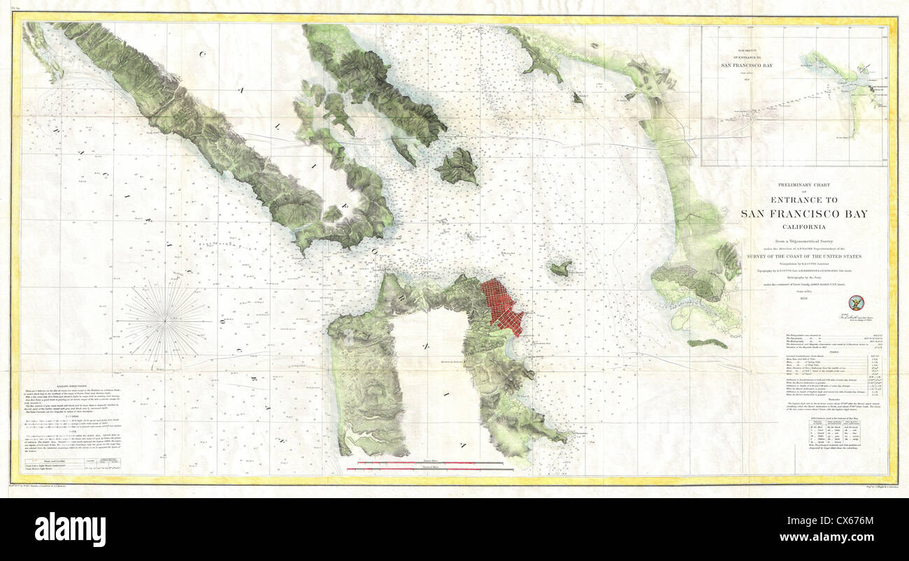 1856 US Coast Survey Karte von San Francisco Bucht und die Stadt Stockfoto