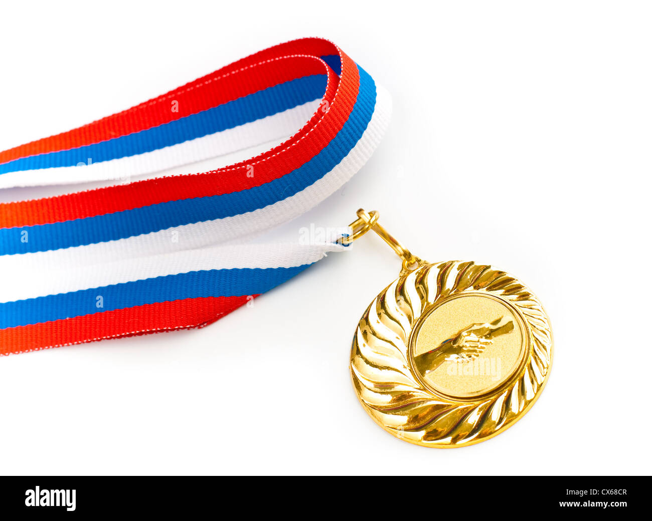Goldene Medaille mit Handshake-Symbol isoliert Stockfoto