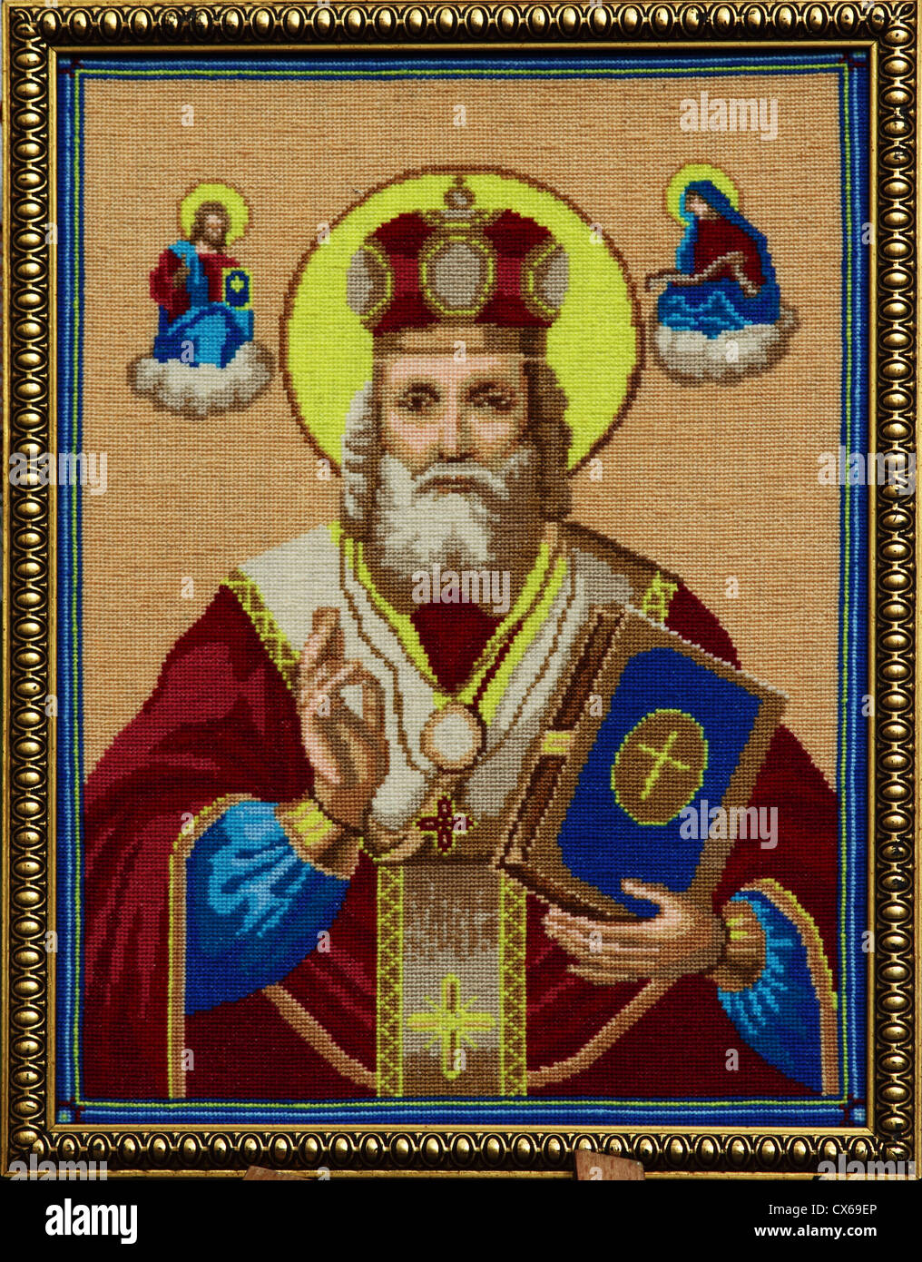 St. Nicolaus, Symbol bestickt Stockfoto