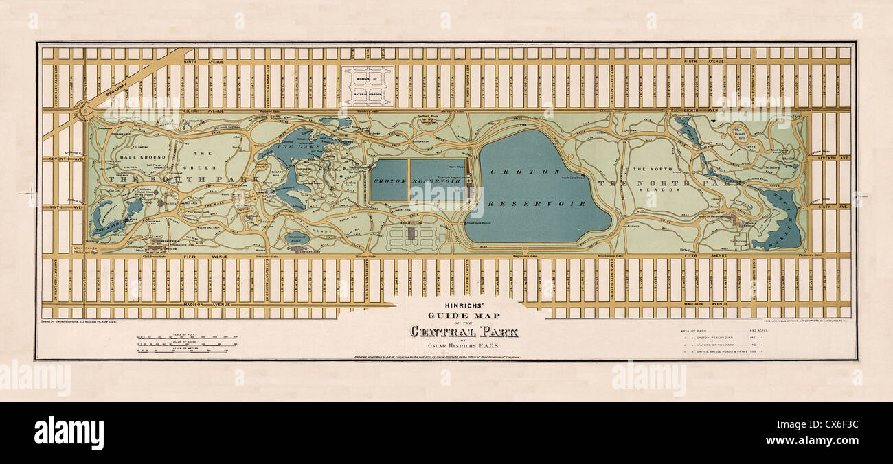 1875 Karte von Central Park von Oscar Hinrichs (1875 Hinrichs' Guide Karte der Central Park) Stockfoto
