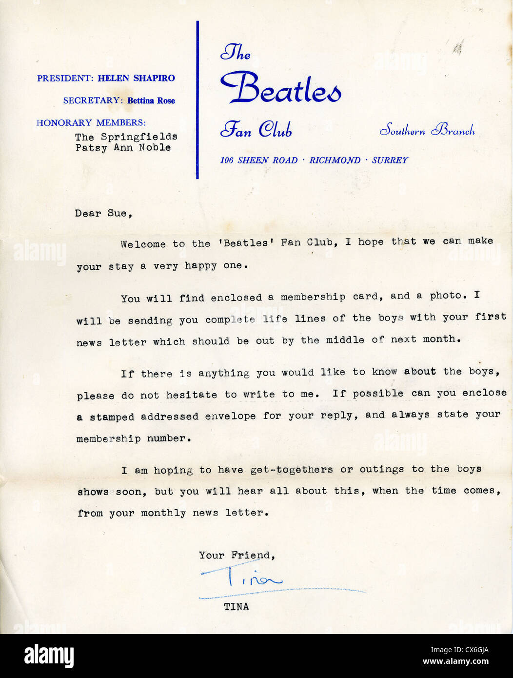 000650 - offizielle Beatles-Fan-Club 1963 unterzeichneten Brief von Bettina Rose Stockfoto