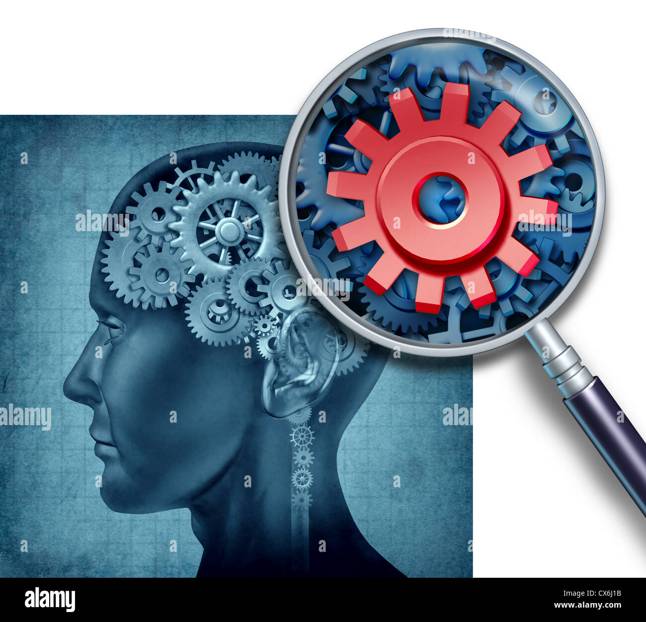 Menschliche Gehirn medizinisches Konzept mit Getriebe und Zahnräder vertreten durch Reasearch Neuronen Symbole und eine enge mit einer Lupe gla Stockfoto