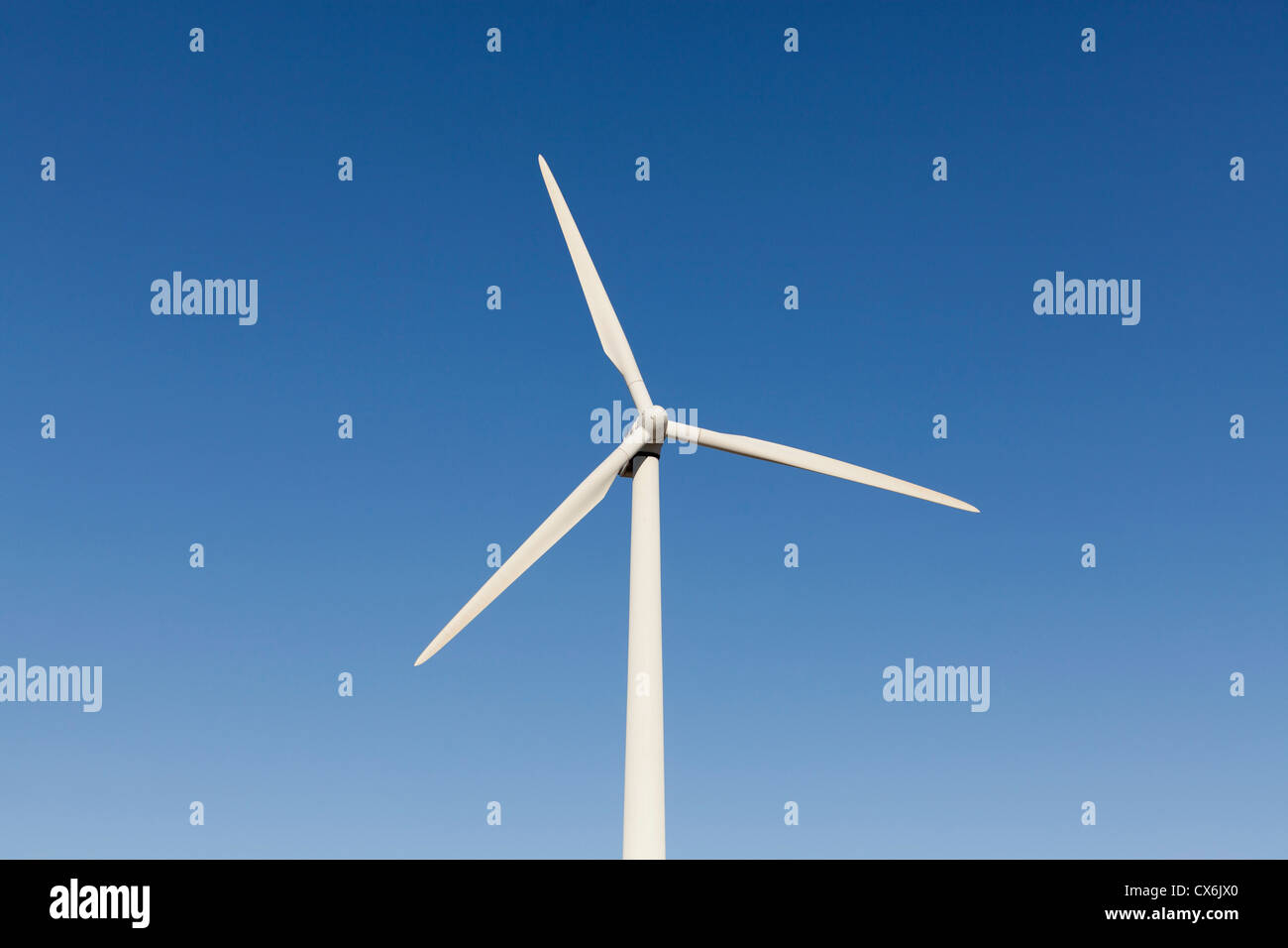 Niedrige Sicht einer Windkraftanlage Stockfoto
