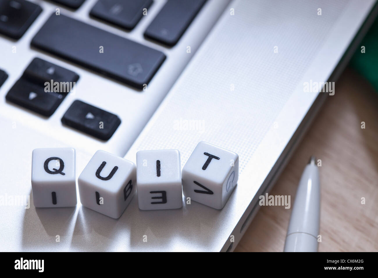Beschrifteten Würfel auf einem Laptop Rechtschreibung QUIT Stockfoto