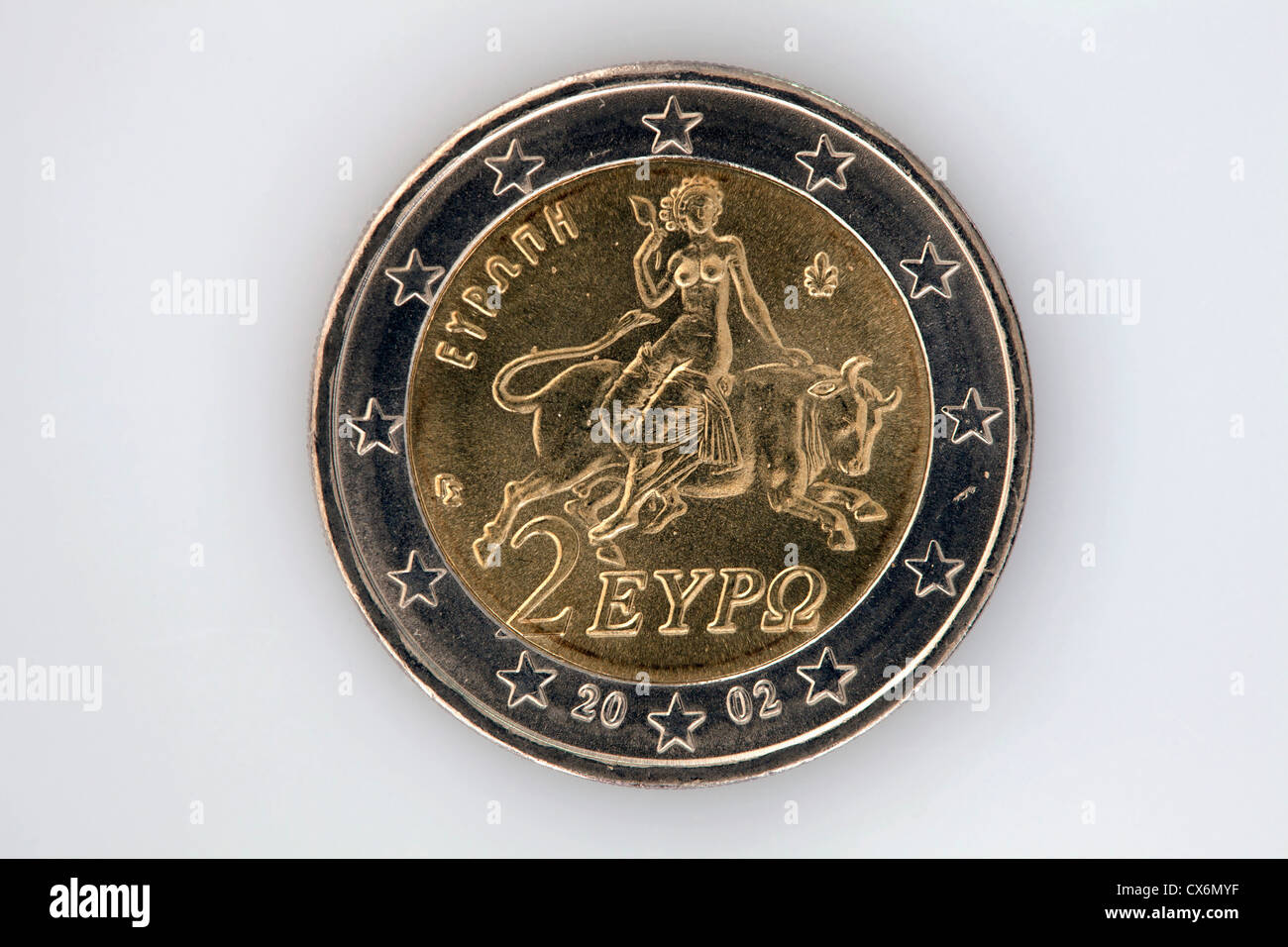 Rückansicht des zwei-Euro-Münze mit Bild von Europa einen Stier reiten Stockfoto