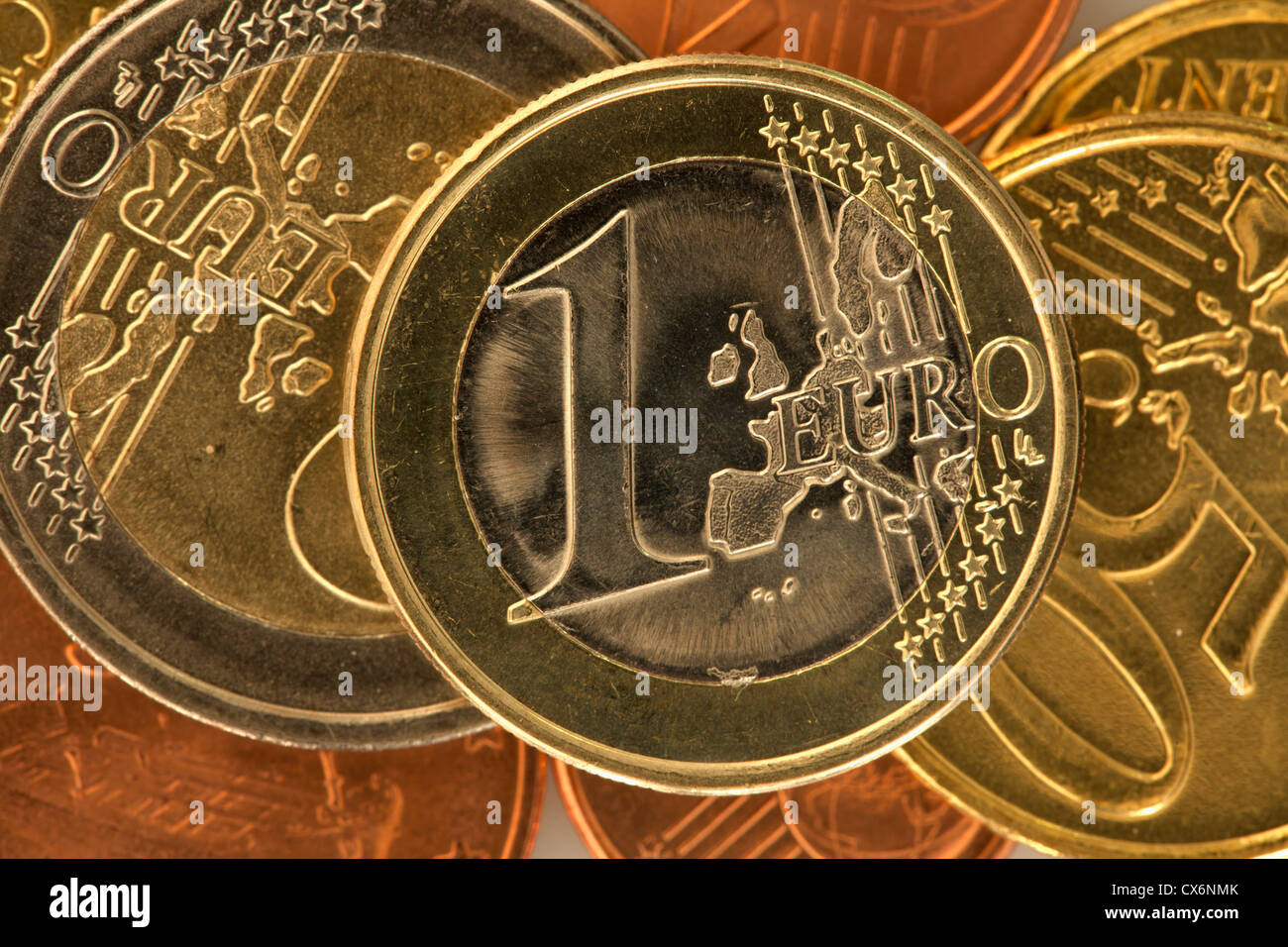 Nahaufnahme von verschiedenen Europäischen Union Münzen Stockfoto