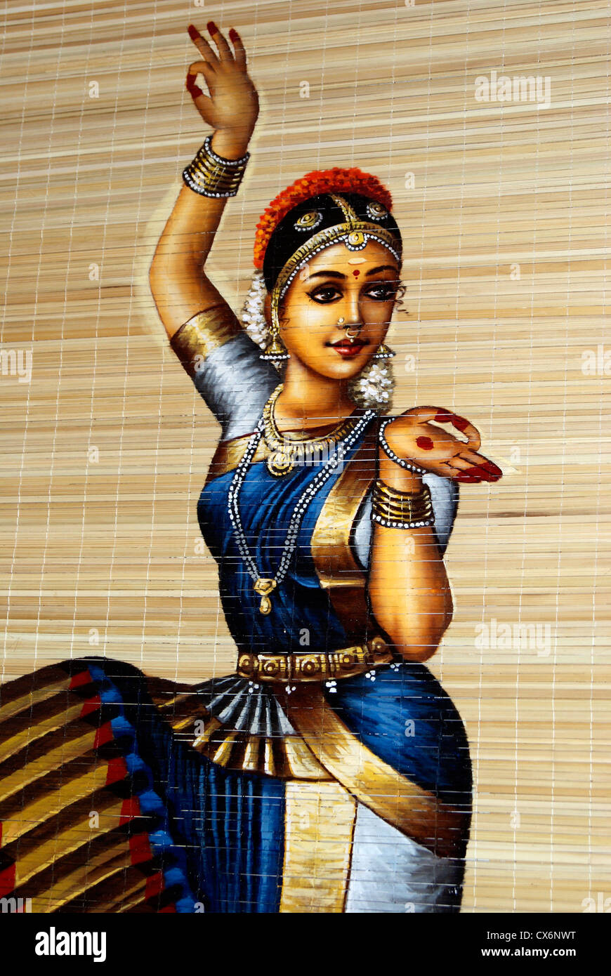 Kerala traditionelles tanzen Mädchen Malerei auf Handarbeit Bambus gebaut Curtains.3D Effekte der Gemälde Kunst in Bambuswänden, Indien Stockfoto