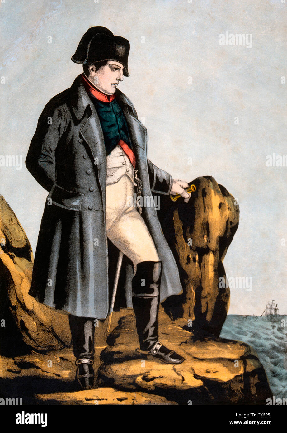 Napoleon Bonaparte (1769-1821) in der Verbannung auf St. Helena, Hand farbigen Gravur Stockfoto