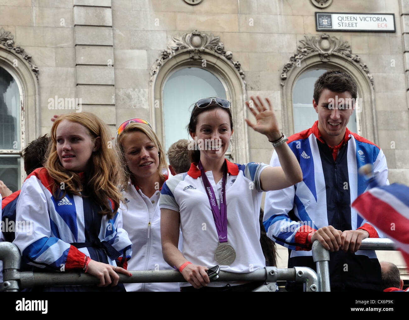 Sally Braun, Stefanie Reid, Scott Moorhouse. Leichtathletik.  Die London 2012 Medal Gewinner Parade. Stockfoto