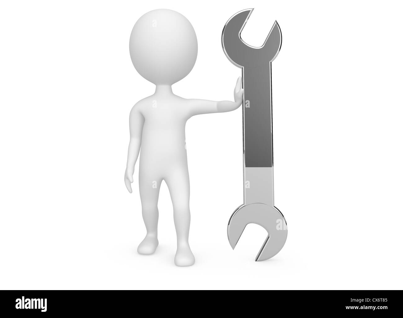 3D humanoiden Charakter mit einem Schraubenschlüssel Werkzeug auf weiß Stockfoto