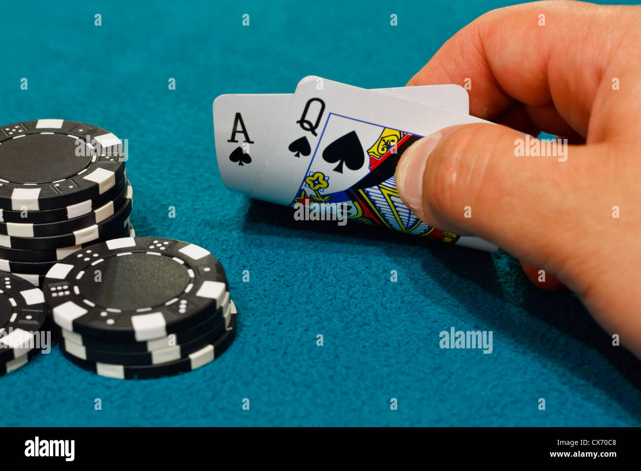 Eine gewinnende Hand von einundzwanzig im Spiel von Blackjack oder Ponton Stockfoto