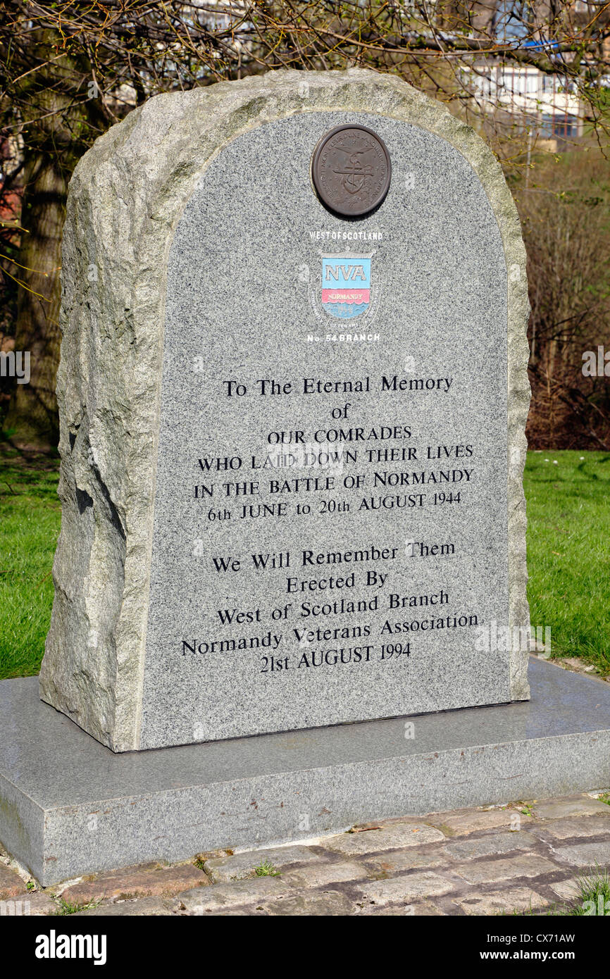 Denkmal für die Normandie-Veteranen, die ihr Leben im 2. Weltkrieg, Kelvingrove Park, Glasgow, Scotland, UK Stockfoto