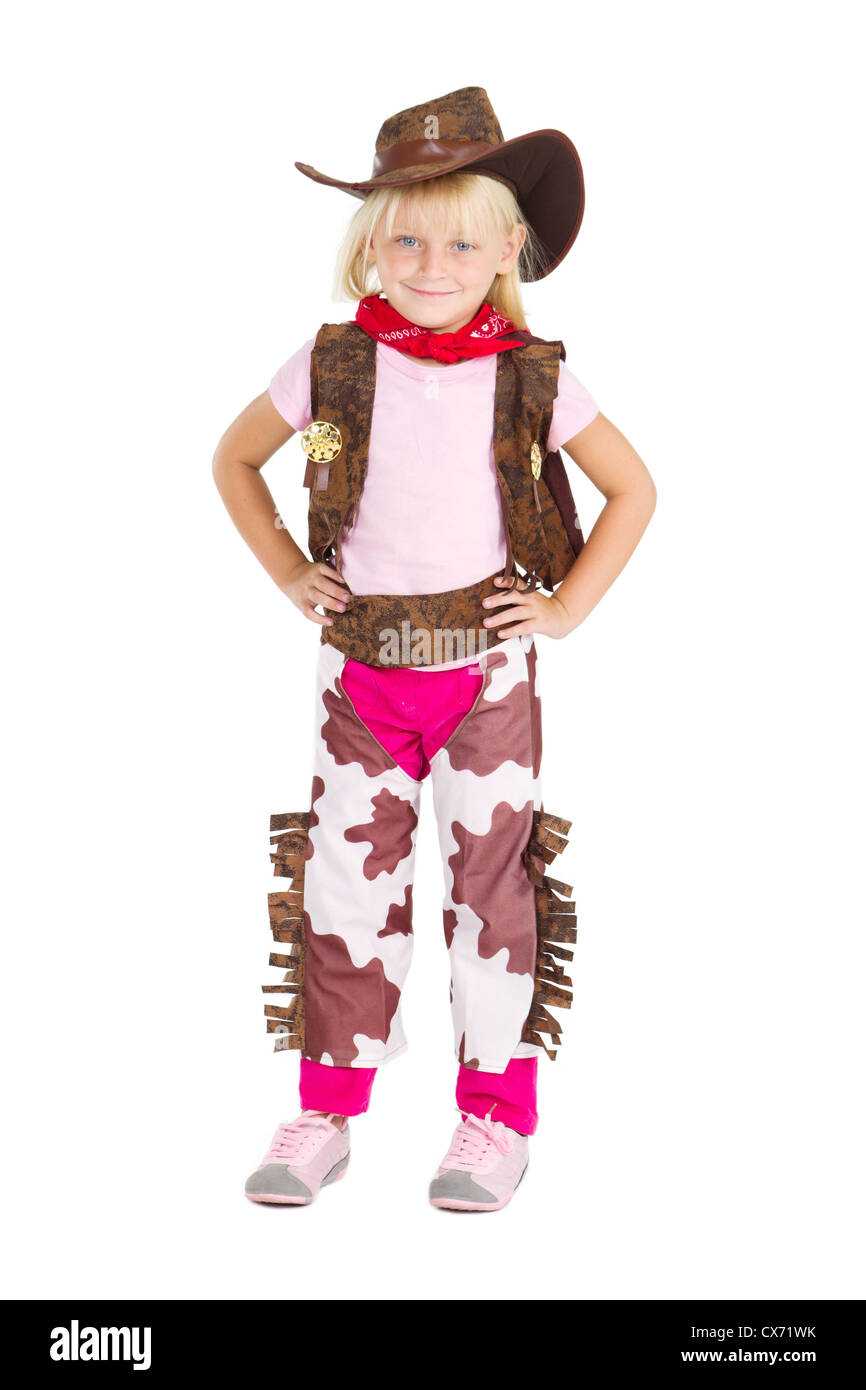 kleine niedliche Cowgirl Studioportrait über weiß Stockfoto