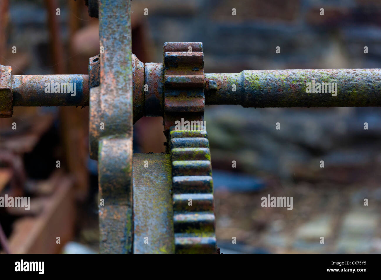 Nahaufnahme von Rost Antriebsrad und Zahnrad Stockfoto