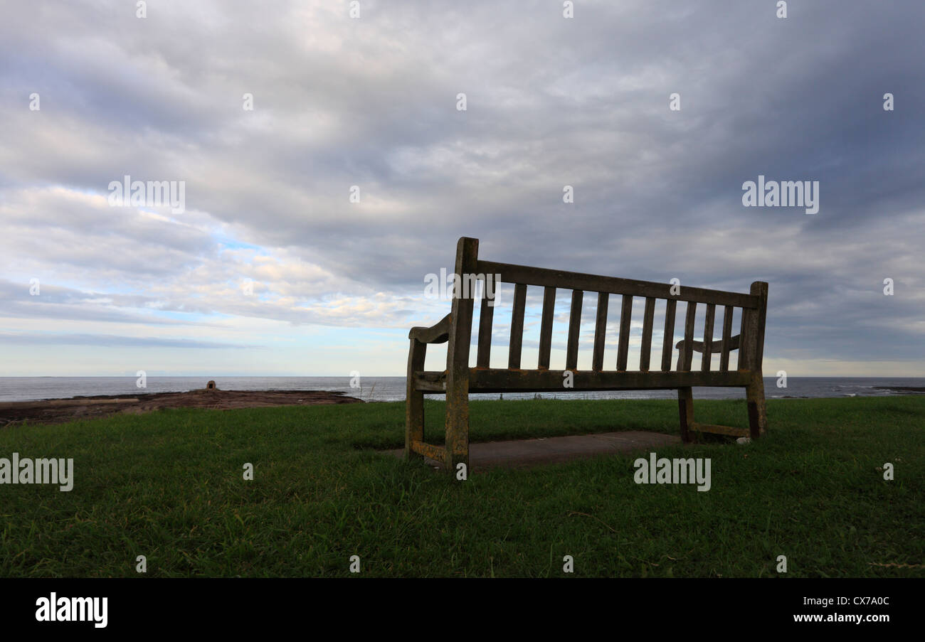 Eine einsame, leere Bank mit Blick auf die Nordsee bei gemeinsame an der Northumberland Küste. Stockfoto