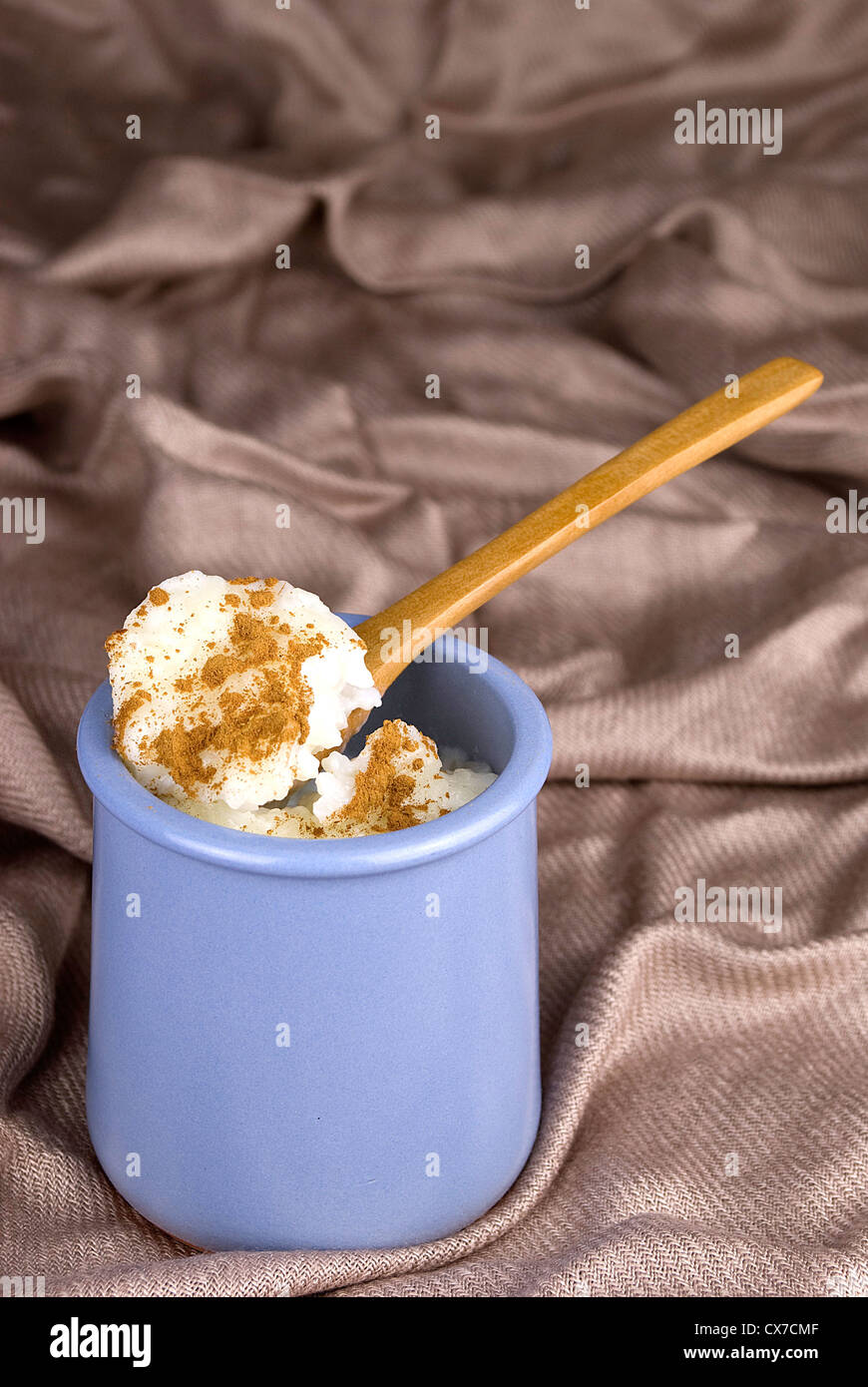hausgemachter Reis mit Milch und Zimt in einer Keramikschale Stockfoto