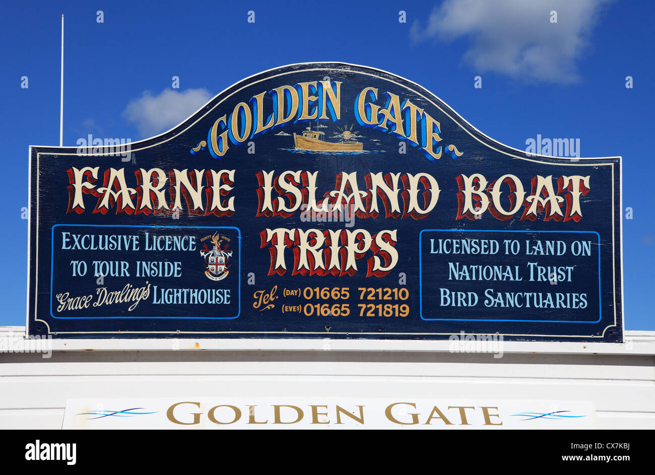 Board Werbung Farne Insel Bootsausflüge gemeinsame, Nord-Ost England UK Stockfoto