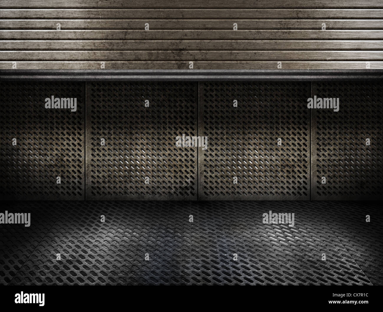 Grunge Metall Industrieschilder Zimmer mit Tür aufgerollt Stockfoto