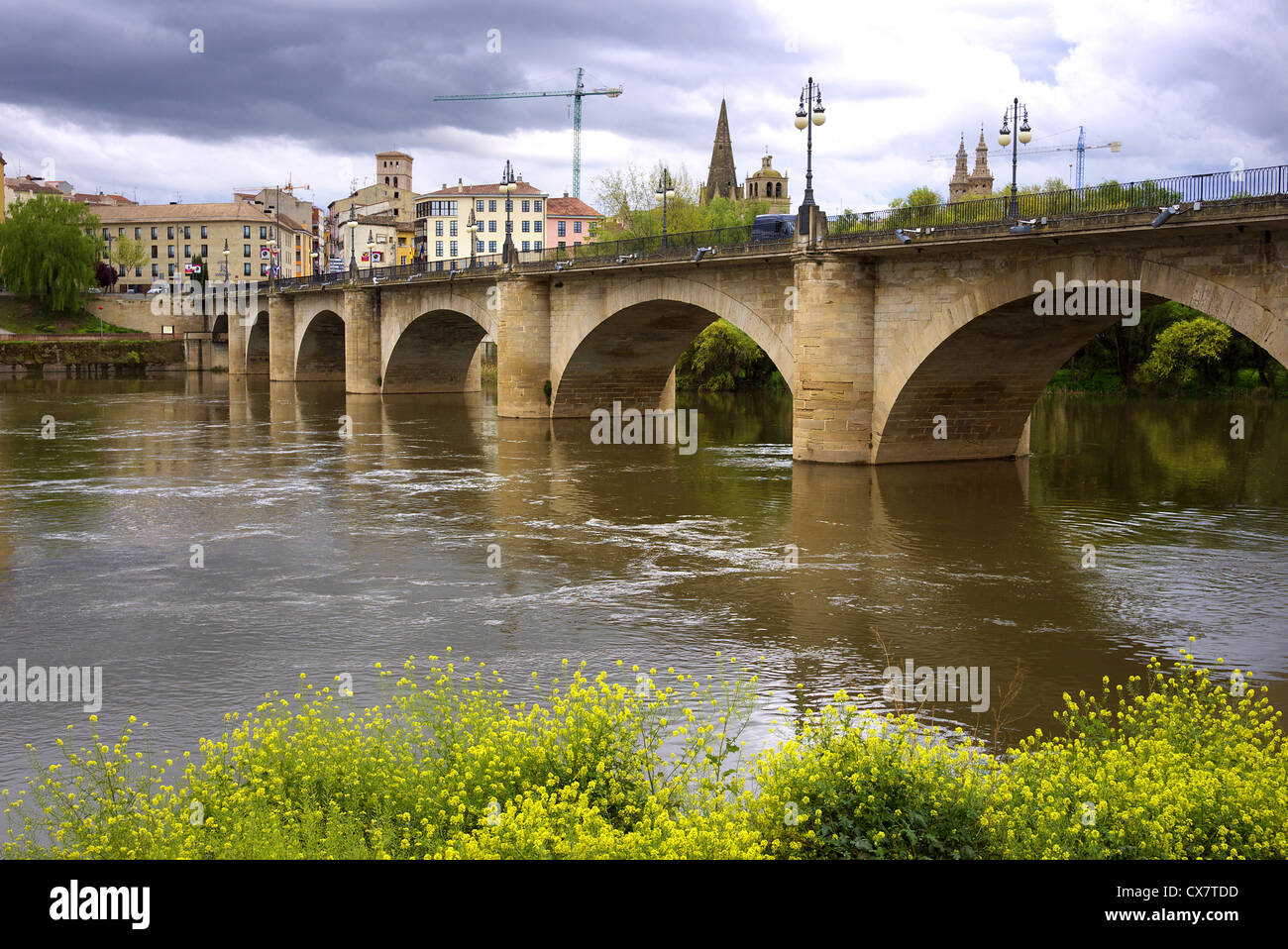 Puente de Piedra Brücke über den Fluss Ebro in Logrono, Spanien. Stockfoto