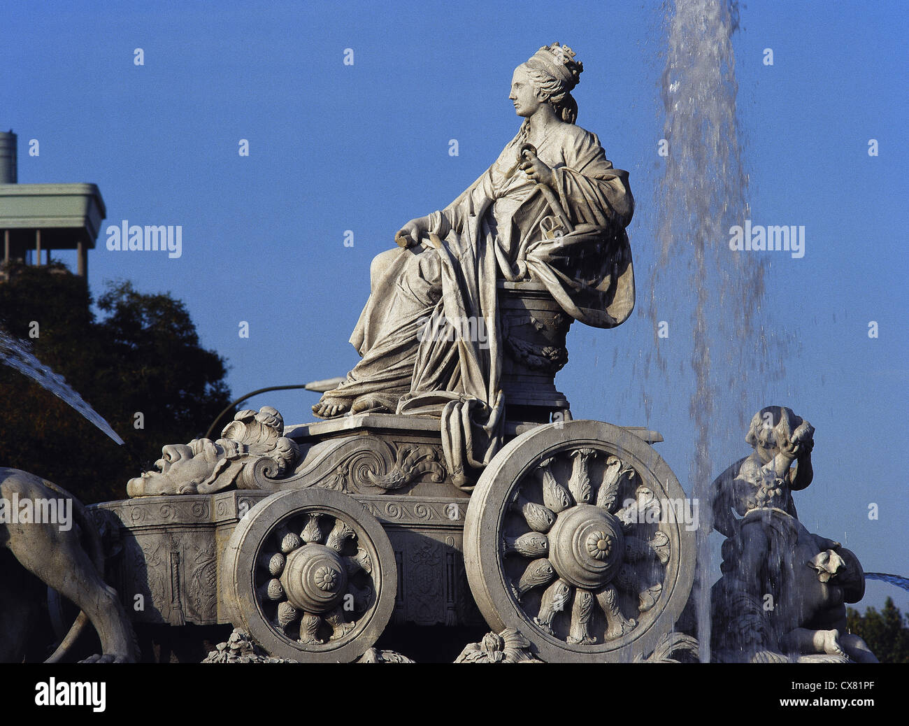 Brunnen der Cibeles von Francisco Gutierrez (1727-1782) (Göttin und Wagen). Kybele in ihrem Wagen von Löwen gezogen. Madrid. Stockfoto