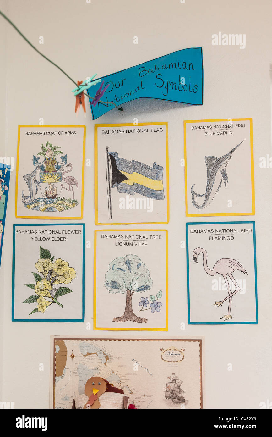 Nationale Symbole auf dem Display an einer Grundschule in New Plymouth auf Green Turtle Cay, Bahamas Bahamas. Stockfoto