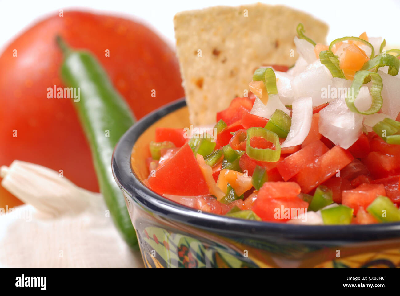 Frische würzige Salsa mit Tortilla-Chips zusammen mit den Zutaten für die salsa Stockfoto