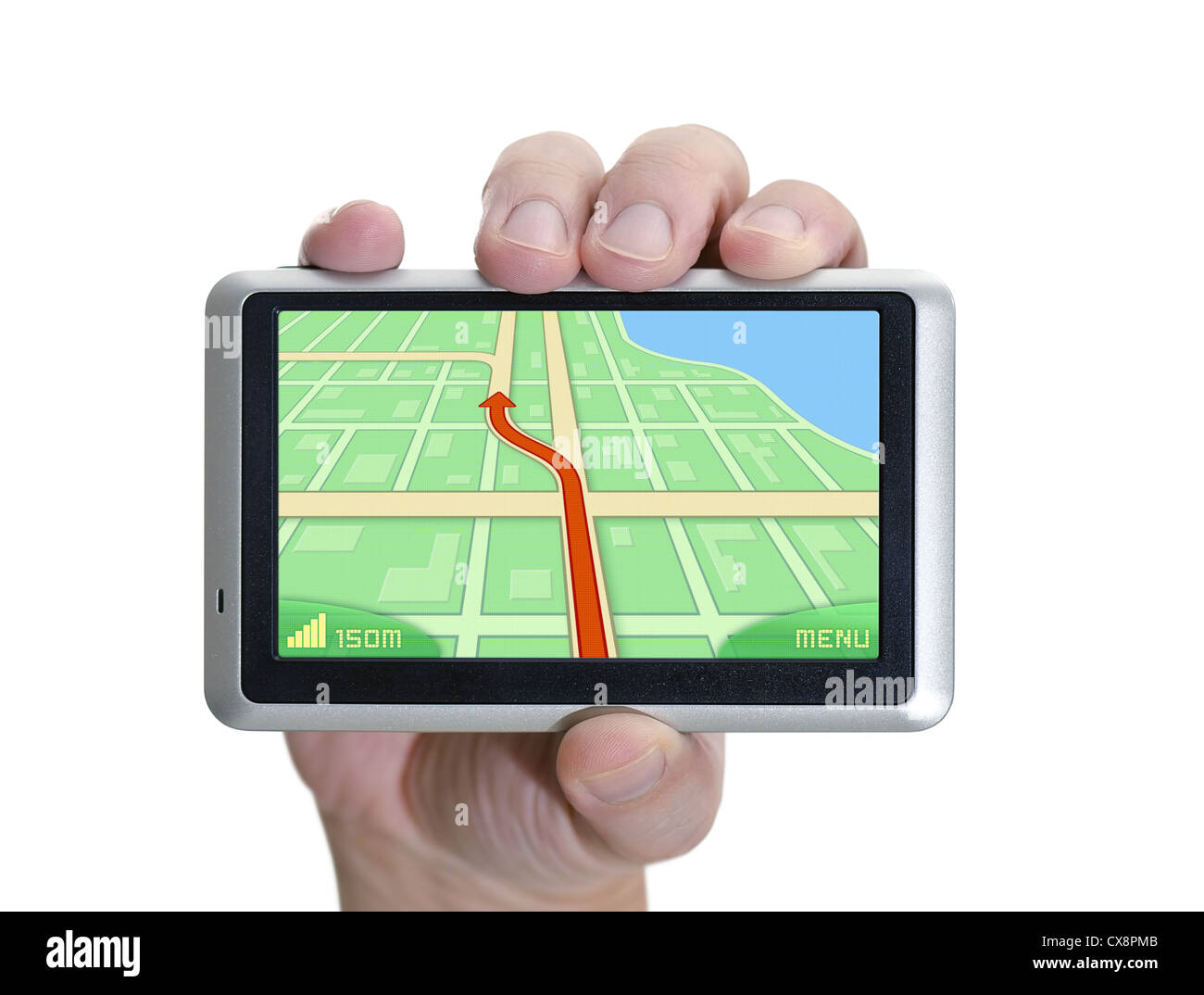 GPS-Gerät in der Hand über weiß. Stockfoto
