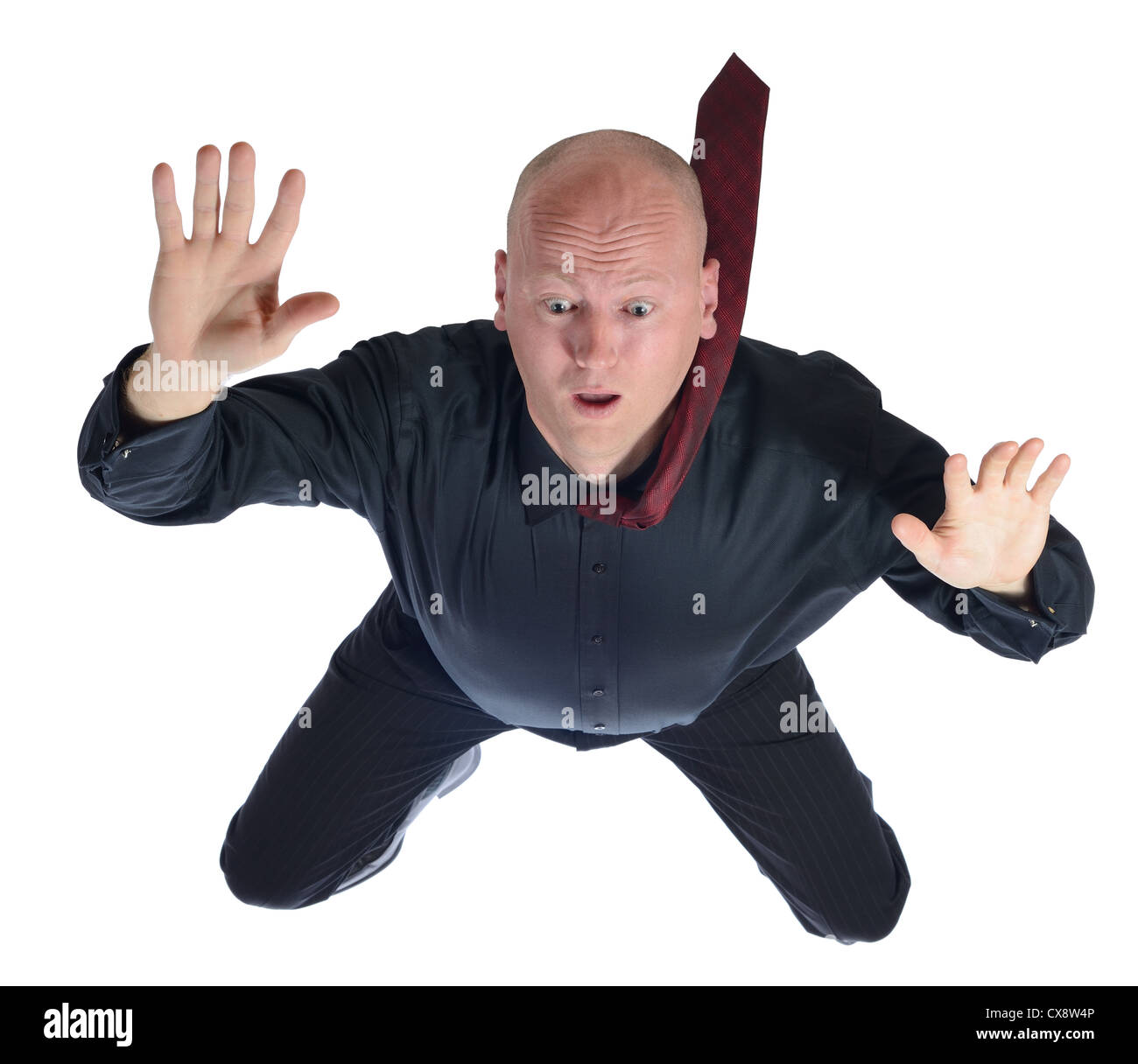 Fallschirmspringen fallenden Geschäftsmann isoliert auf weißem Hintergrund Stockfoto
