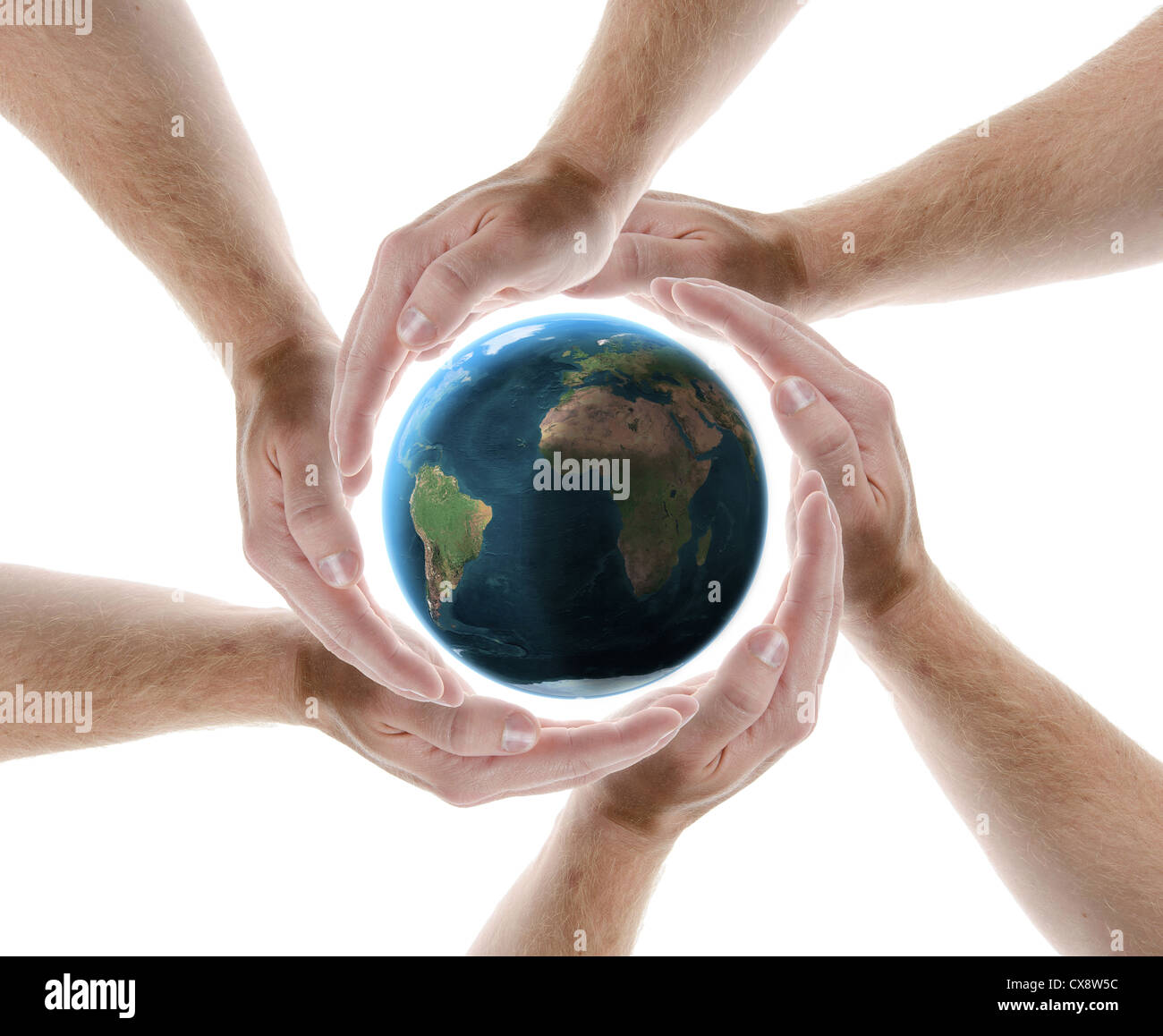 Hände, die Schaffung eines Kreises, der Schutz des Planeten isoliert auf weißem Hintergrund Stockfoto