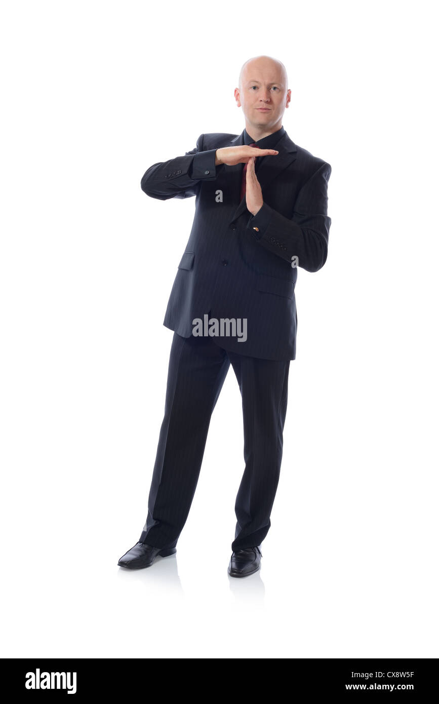 Mann im Anzug Auszeit Zeichen isoliert auf weiss Stockfoto