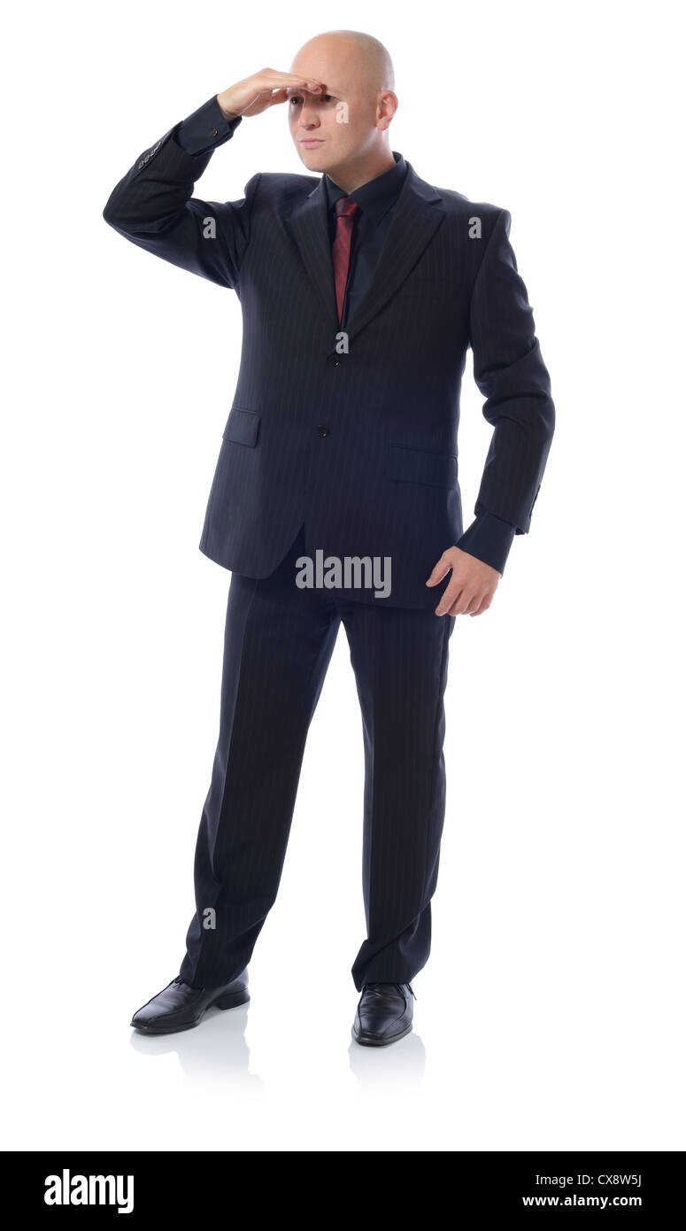 Mann im Anzug suchen isoliert auf weißem Hintergrund Stockfoto