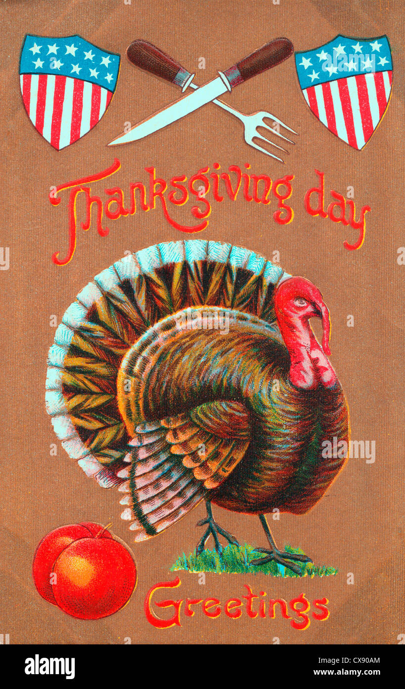Thanksgiving Day Grüße - Türkei mit Messer und Gabel und amerikanische Flagge Schilde Stockfoto