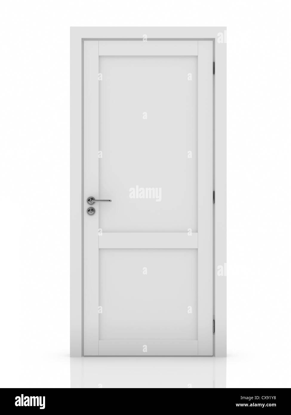 3D Darstellung der weißen Tür. Isoliert auf weißem Hintergrund Stockfoto