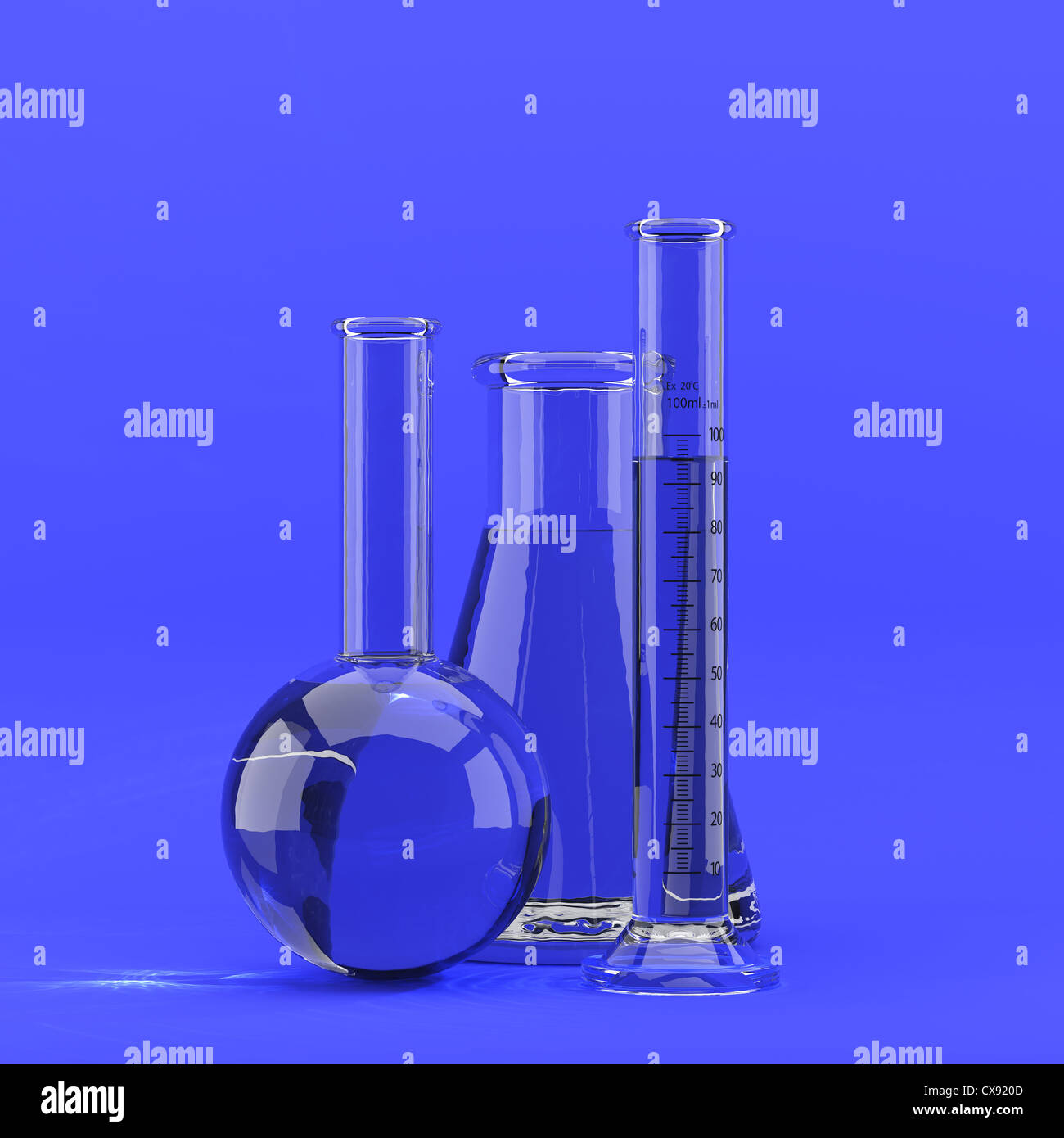 3D Render von Laborglas auf blauem Hintergrund Stockfoto