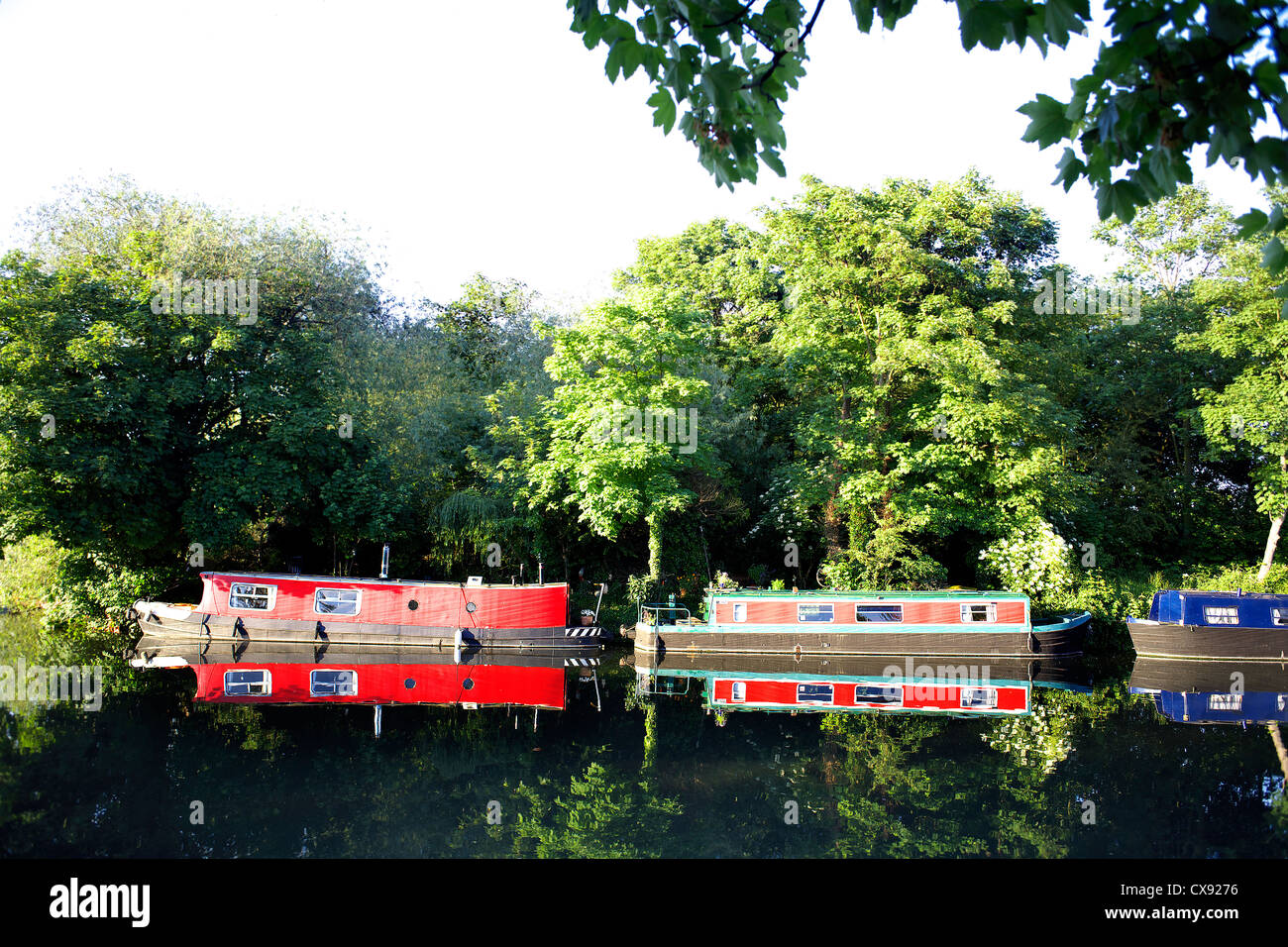 Boote auf dem Fluss Lee (oder Lea), Lee Valley, London, England, UK, schmal, Boot, Boote, Bootfahren, Narrowboat, Narrowboats, Großbritannien Stockfoto