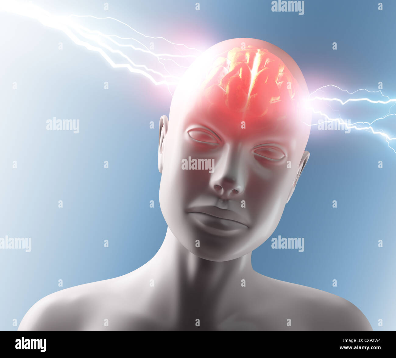 Der Blitz durch den Kopf und das Gehirn. Konzept der Kopfschmerzen. Stockfoto