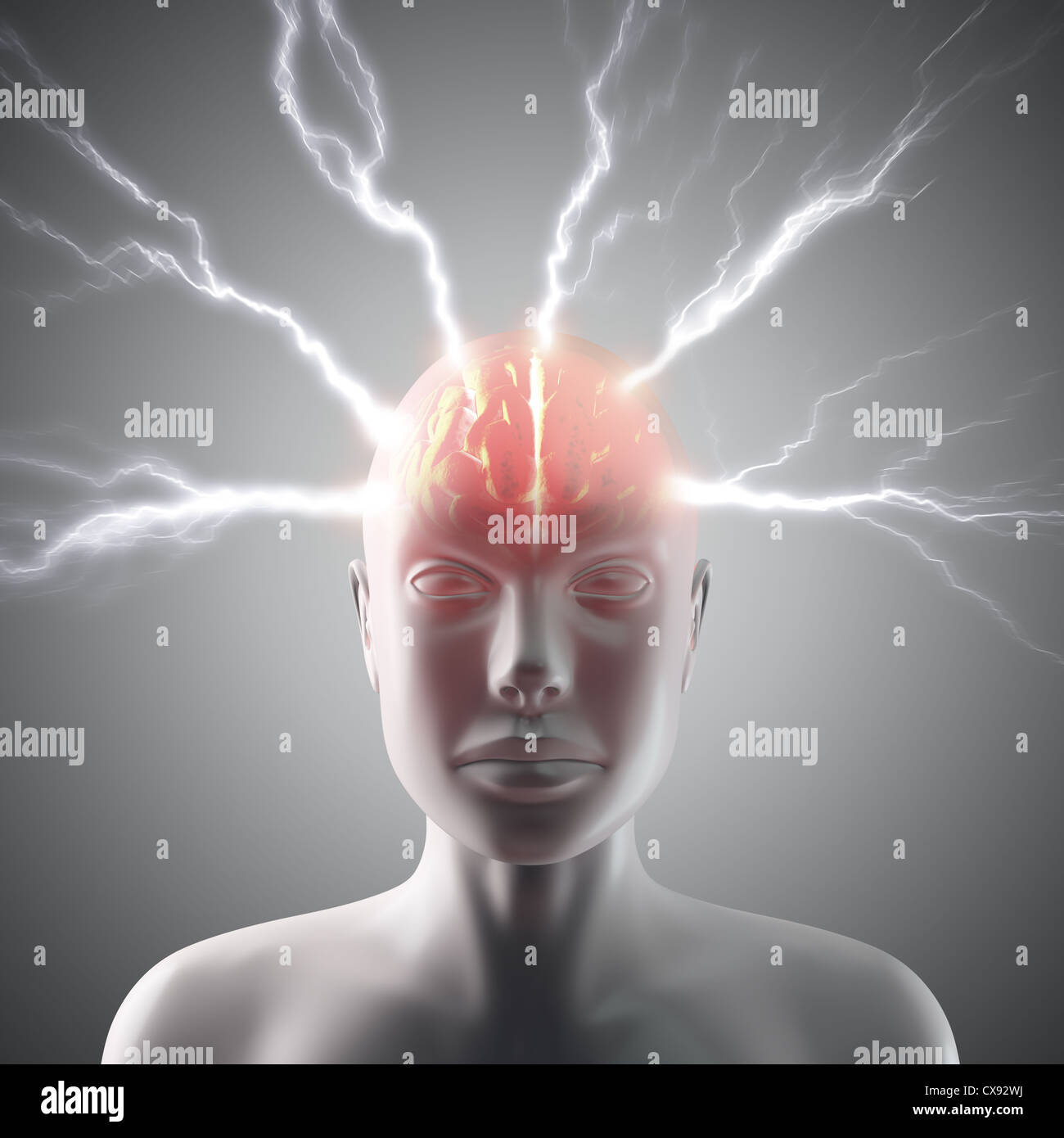 Der Blitz durch den Kopf und das Gehirn. Konzept der Kopfschmerzen oder die Kraft des Geistes. Stockfoto