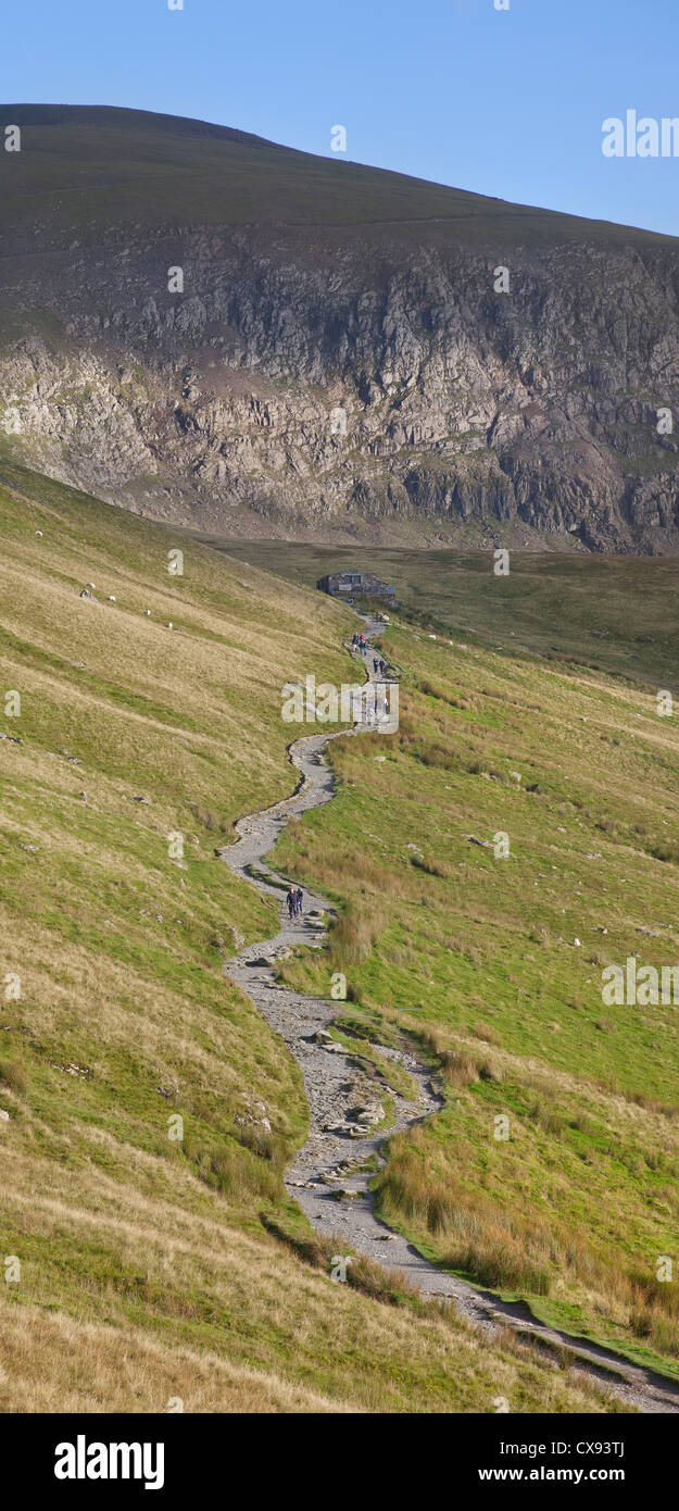 Blick auf Wege bis zum Mount Snowdon, Snowdonia-Nationalpark, Wales, UK Stockfoto