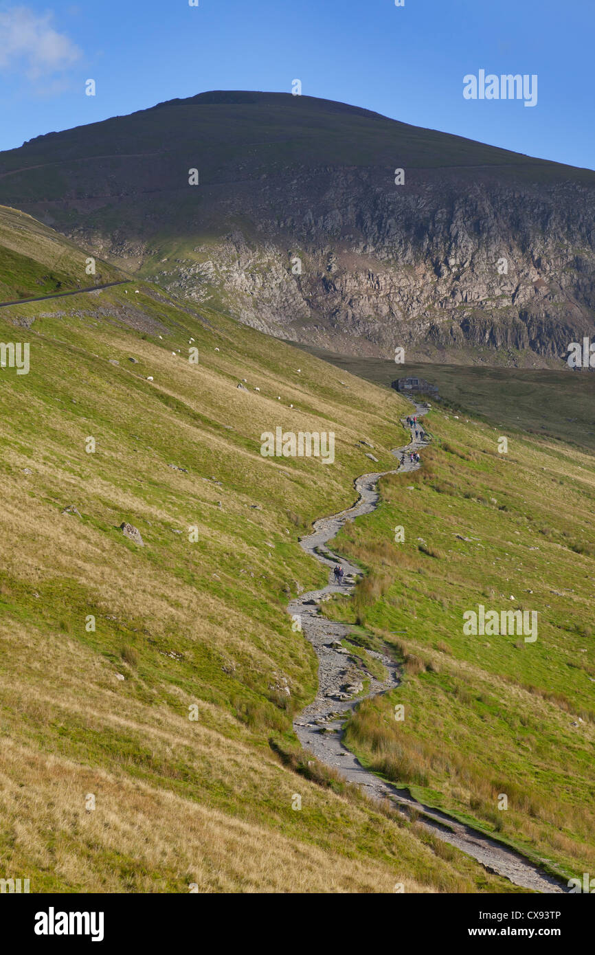 Blick auf Wege bis zum Mount Snowdon, Snowdonia-Nationalpark, Wales, UK Stockfoto