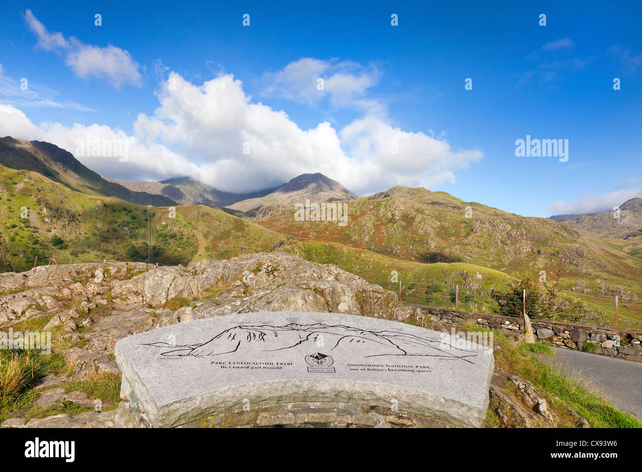 Blick auf Snowdon und die umliegenden Gipfel aus der A498 West, beschreibenden Tafel, auf der Suche Snowdonia-Nationalpark, Wales, UK Stockfoto