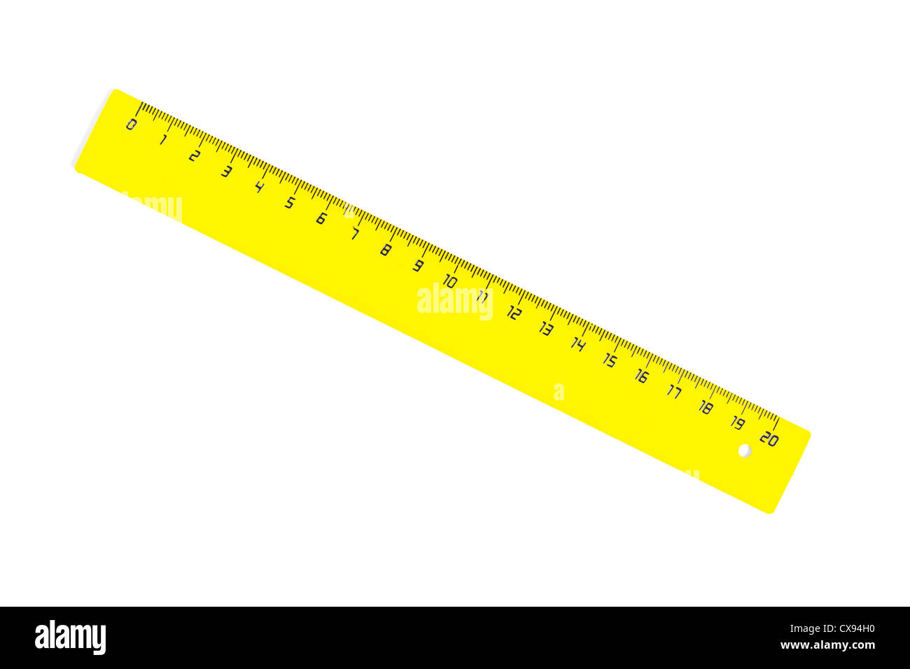 Diagonal gelb zwanzig Zentimetern Skale isoliert auf weiss Stockfoto