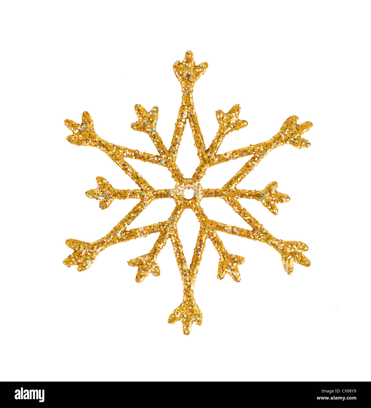 Goldene Schneeflocke isoliert auf weiss. Weihnachtsbaum Dekoration. Stockfoto