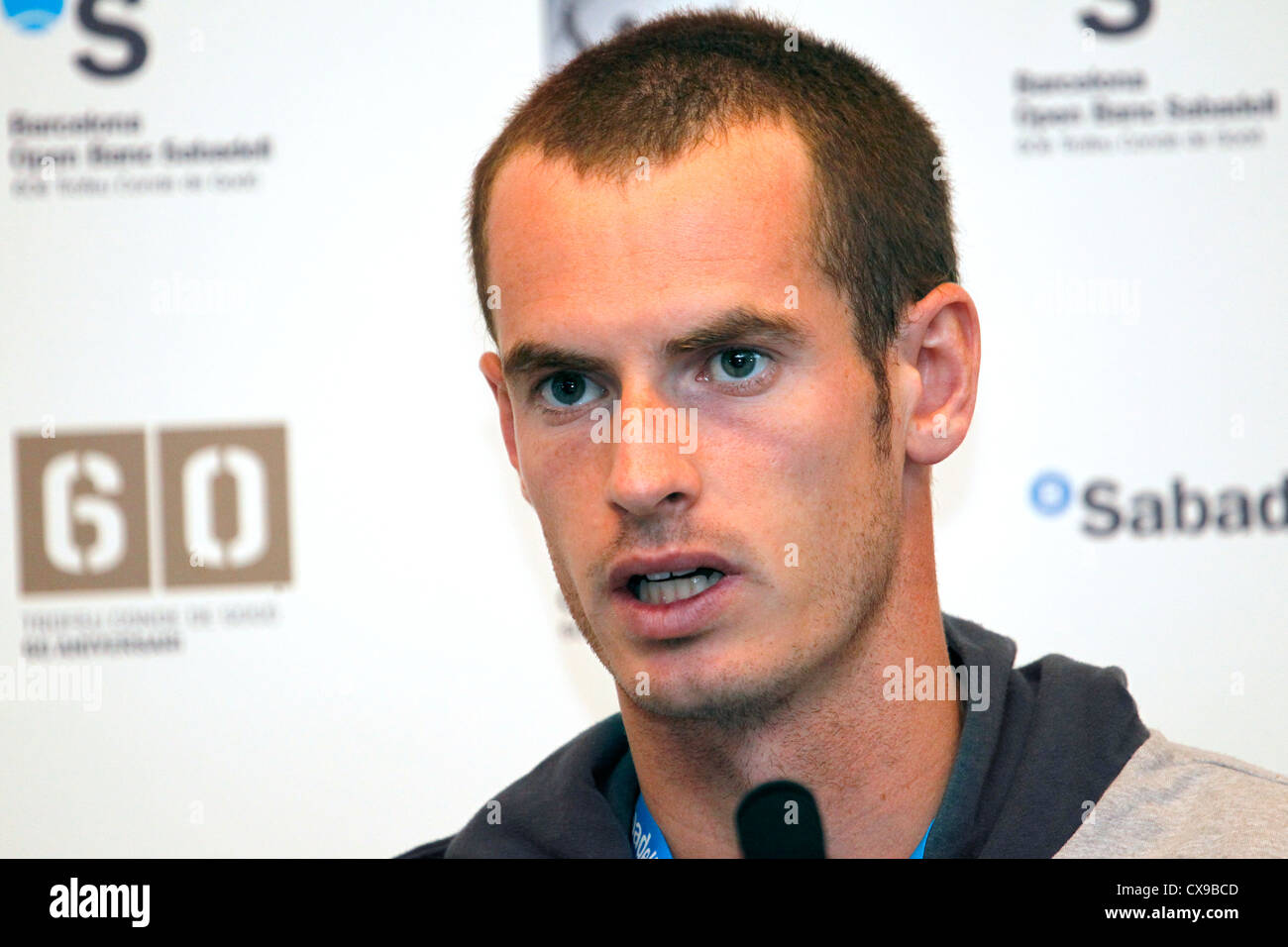 Schottische Tennisspieler Andy Murray, spricht bei Pressekonferenz am Banc Sabadell ATP Turnier in Barcelona 2012 Stockfoto