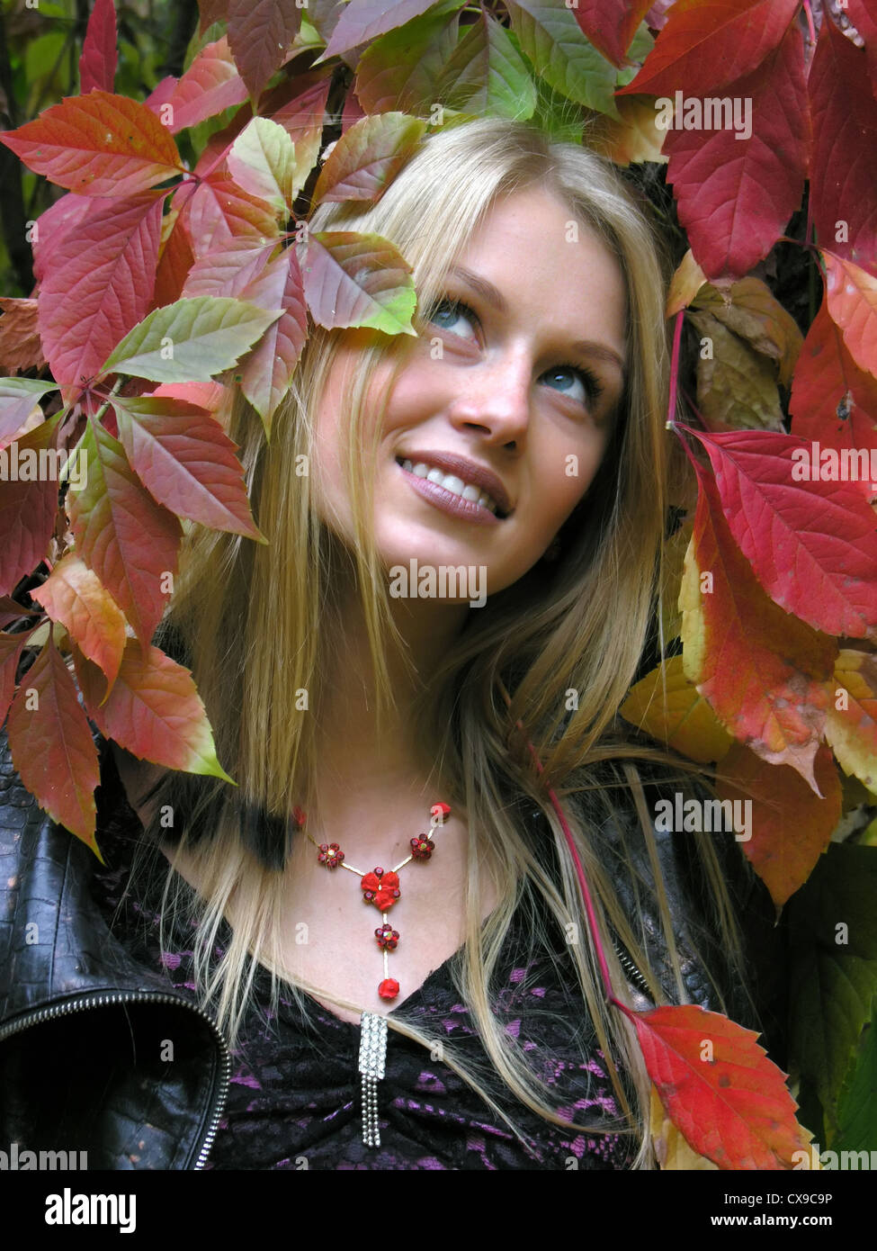 Porträt von attraktiven Frau im Herbst park Stockfoto