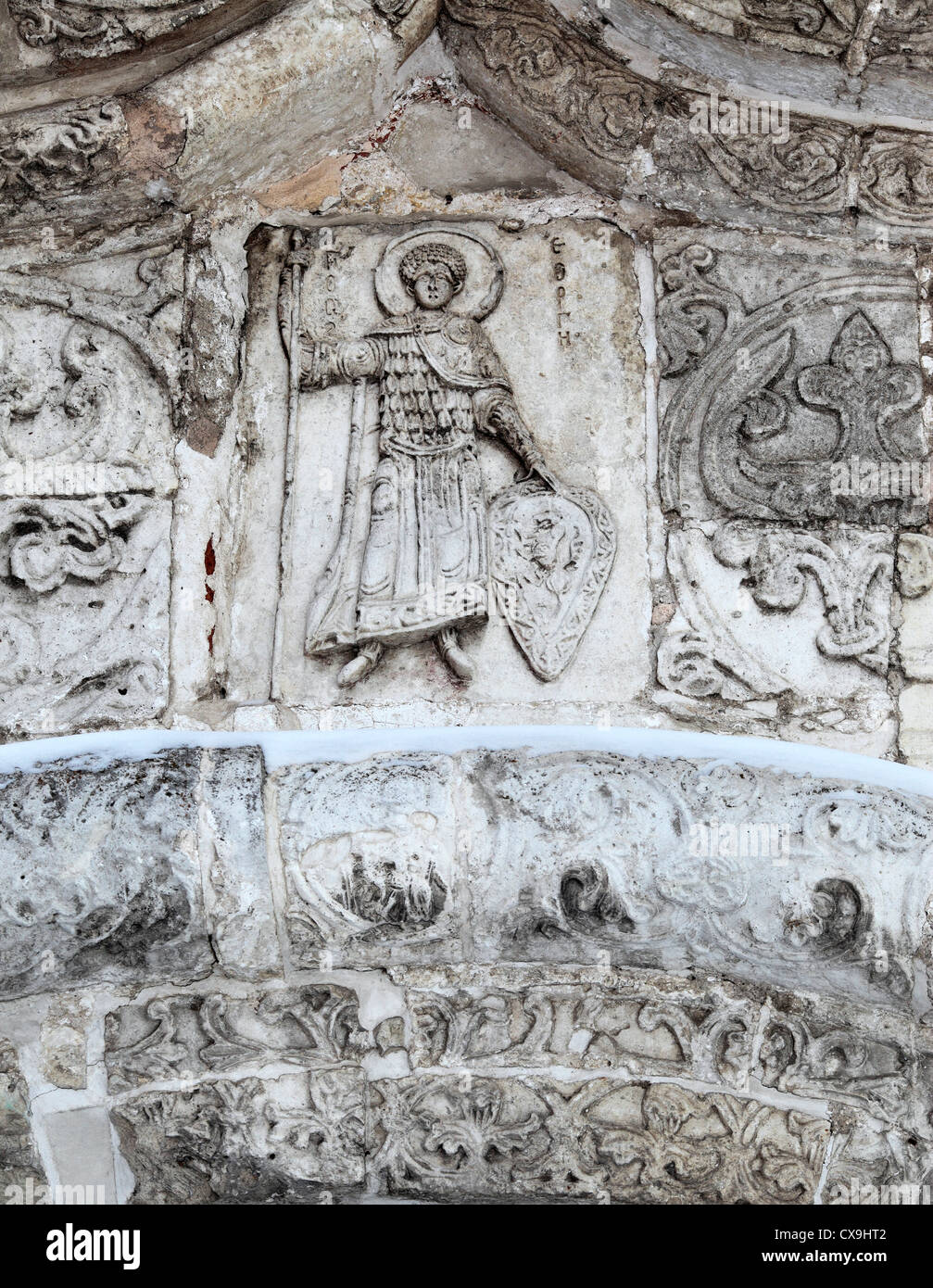 Relief mit St George, Saint George Cathedral (1234), Yuryev Polsky, Vladimir Region, Russland Stockfoto