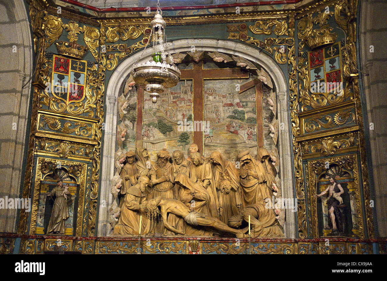 St. James Cathedral in Santiago De Compostela, Spanien. Religiöse Skulptur. Stockfoto