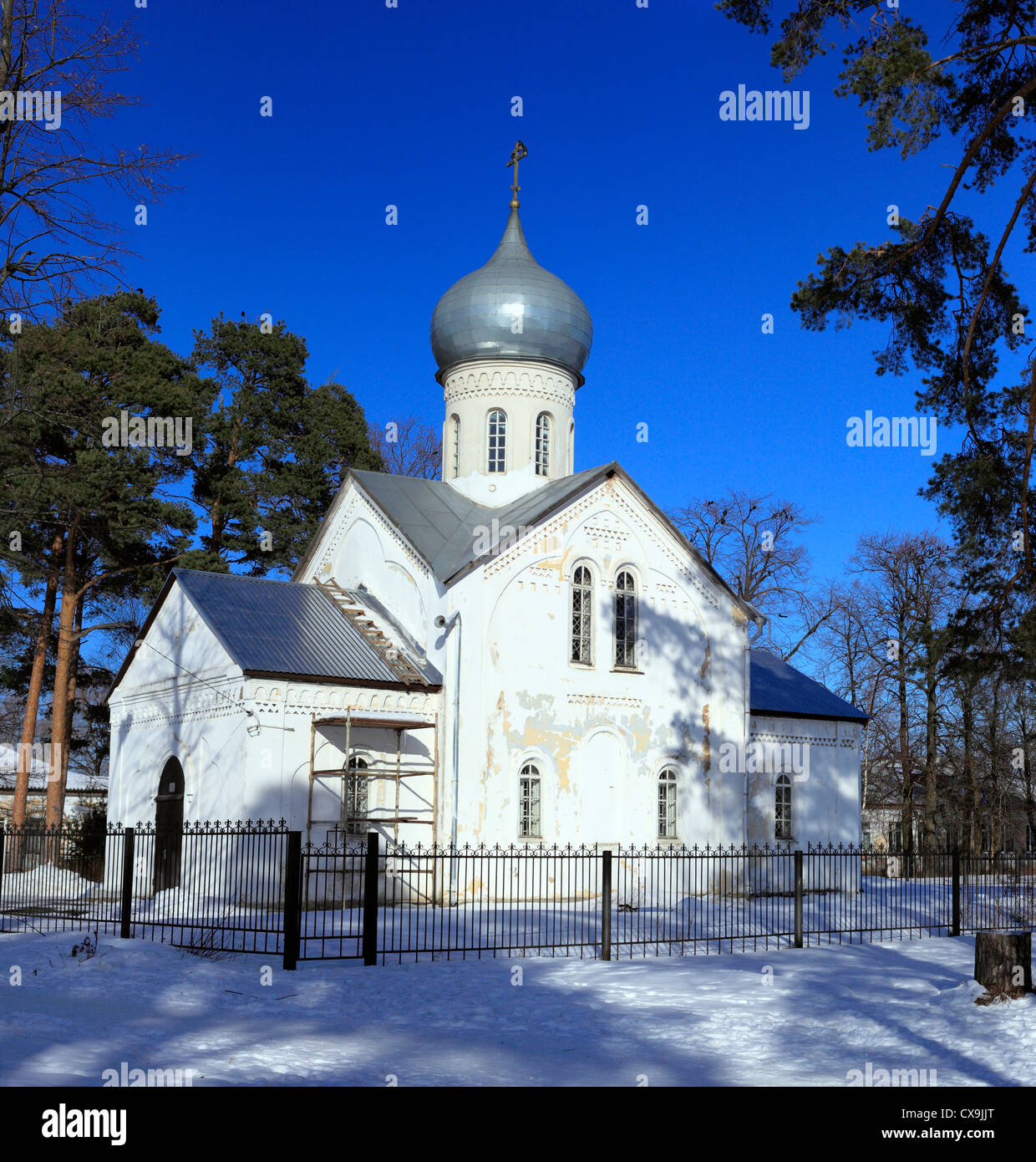 Winterlandschaft mit Kirche, Weliki Nowgorod, Nowgorod, Russland Stockfoto